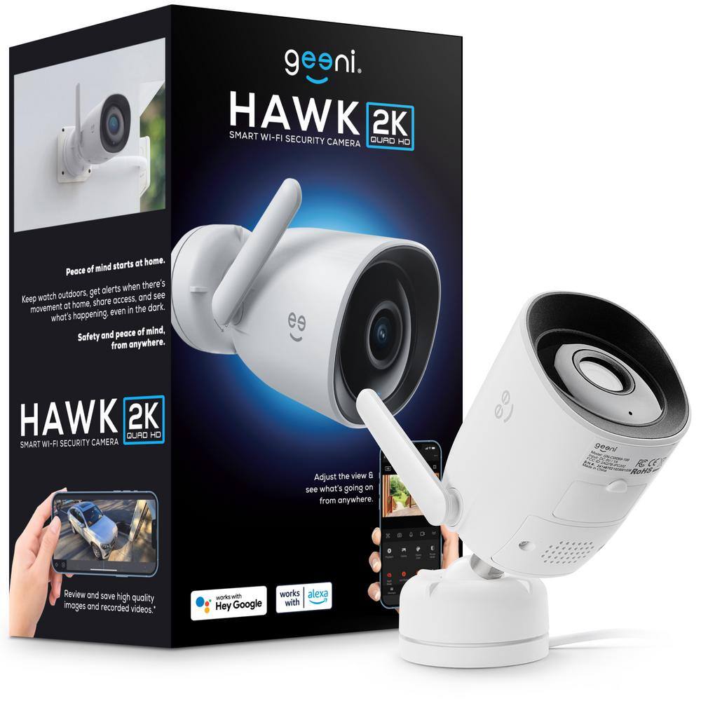 Geeni Hawk 2K Wired Outdoor Smart Plug In Security Camera 2.4 GHz Wi Fi Color Night Vision 2 Way Audio Voice Control White GN CW069 199 The Home Depot