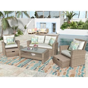 4-Piece Brown Wicker Outdoor Conversation Set with Beige Cushions and Ottoman
