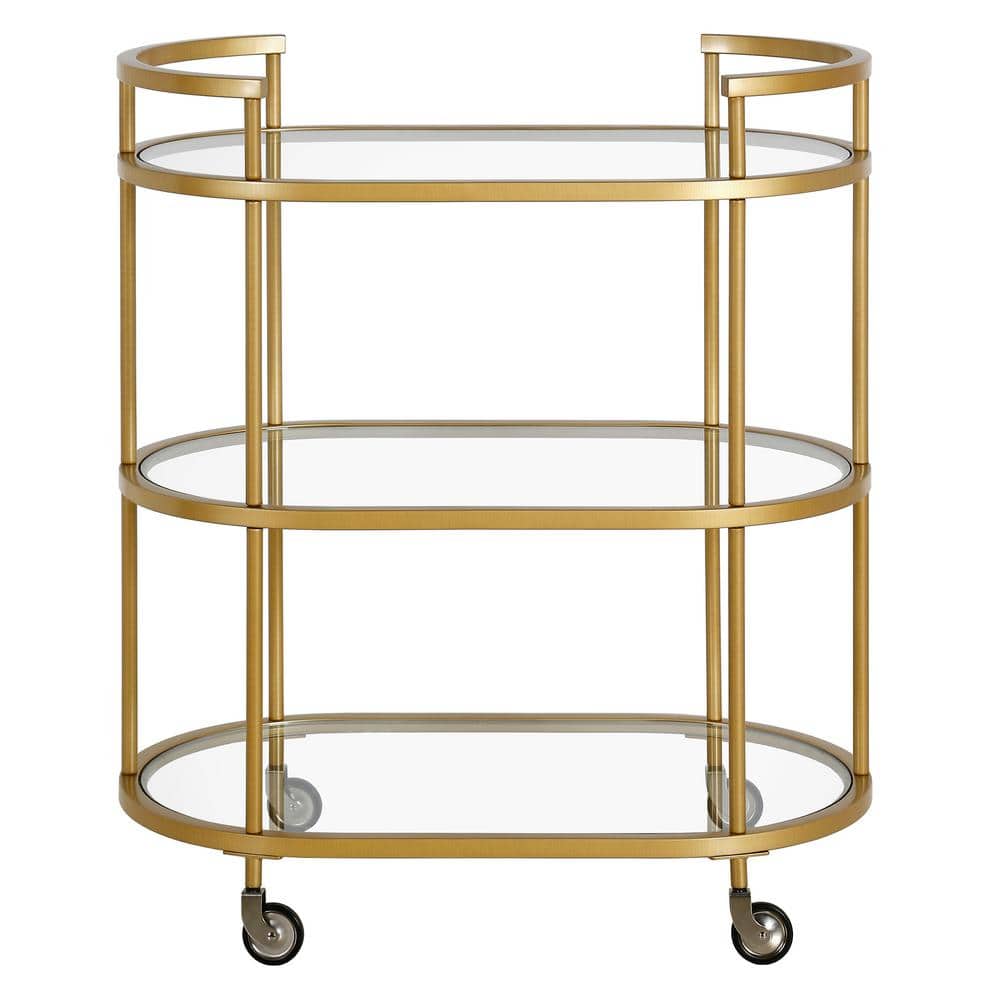 Evelyn Oval Brass Bar Cart with Tempered Glass Shelves