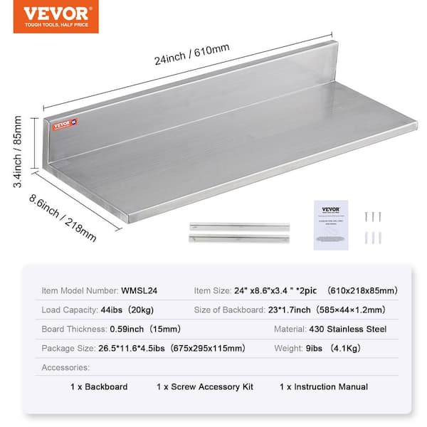 VEVOR Stainless Steel Shelf 8.6 in. x 30 in. Wall Mounted Floating Shelving  Heavy Duty Storage Rack Silver, 2-Piece BGSCTTLL86302L4L7V0 - The Home Depot