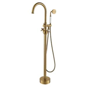 2-Handle Floor Mount Freestanding Tub Faucet with Hand Shower in. Brushed Brass
