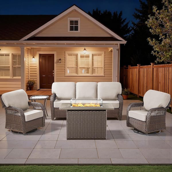 Tyber 5-Piece Brown Wicker Patio Conversation Sets Wicker Patio Fire Pit Table Sectional Seating Set with Beige Cushions