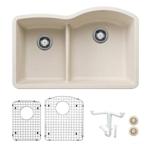 Blanco Diamond 32 in. Undermount Double Bowl Soft White Granite Composite Kitchen Sink Kit with Accessories
