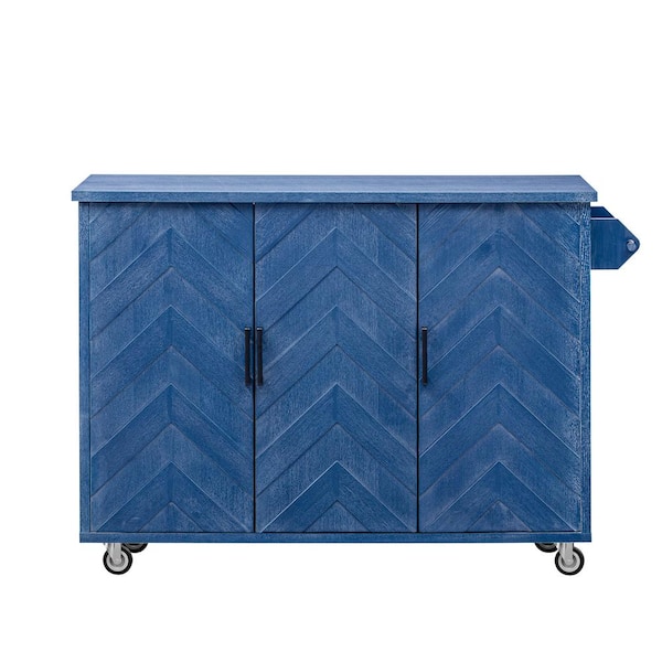 Cesicia Navy Blue Wood Wave Stripes 51.2 in. Farmhouse Kitchen Island on 4 Wheels with Drop Leaf, Internal Storage Rack