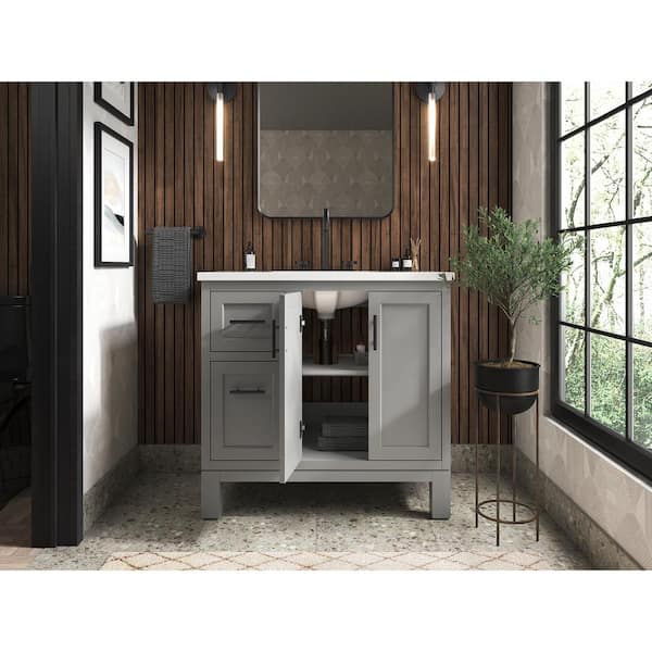 KOHLER Quo 37in. Single Sink Freestanding Mohair Grey Bath Vanity with White Quartz Top Assembled