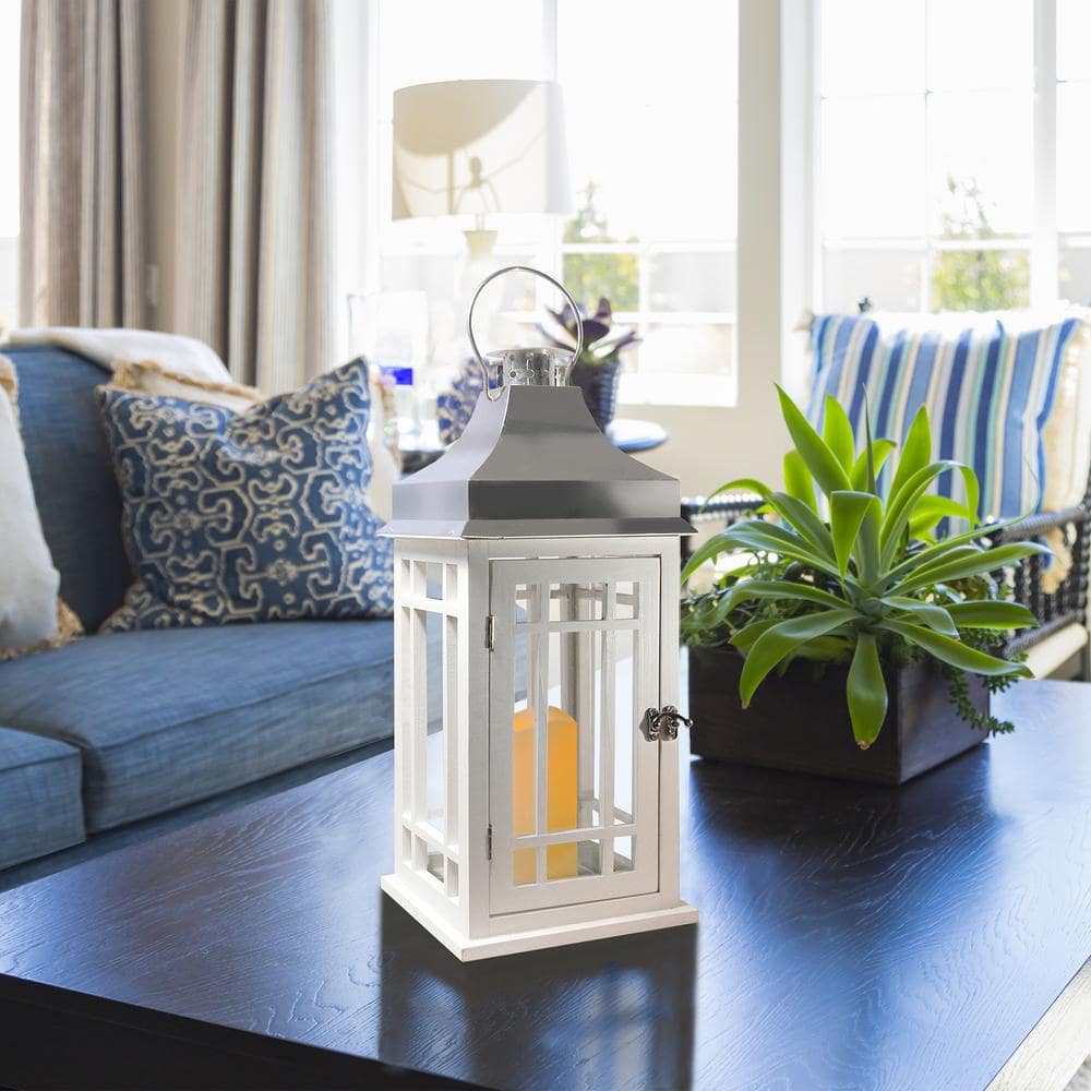 Elegant White Wood and Chrome LED Lantern, Flameless Ambient Light