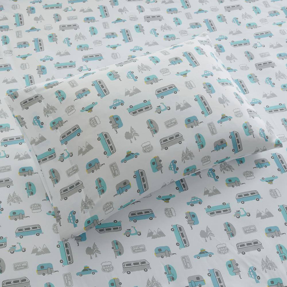 Gray and Blue Road Trip Queen Microfiber Sheet Set