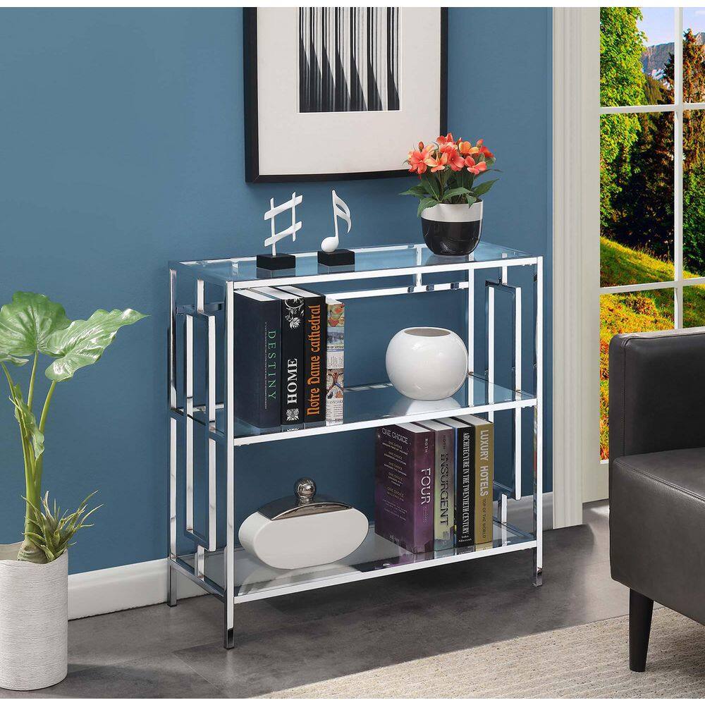 Glamorous Gray Chrome and Clear Glass 3-Tier Bookshelf