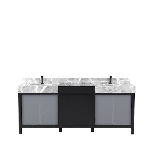 Zilara 80 in x 22 in D Black and Grey Double Bath Vanity, Castle Grey Marble Top and Gun Metal Faucet Set
