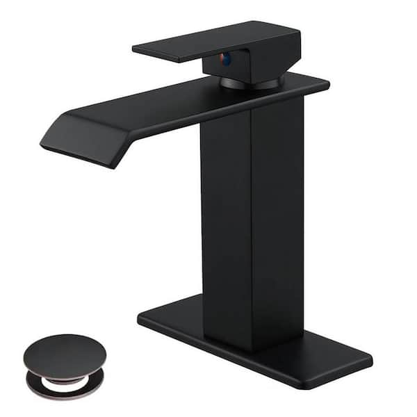 HOMEMYSTIQUE Single-Handle Waterfall Spout Single-Hole Bathroom Sink Faucet with Pop-Up Drain Assembly, Deckplate Included in Black