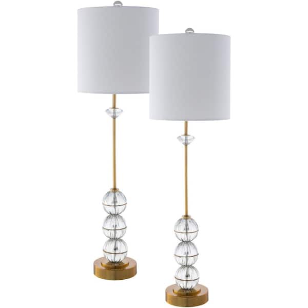 Durweston 34 in. Brass Indoor Table Lamp Set with White Drum Shaped Shade (Set of 2)