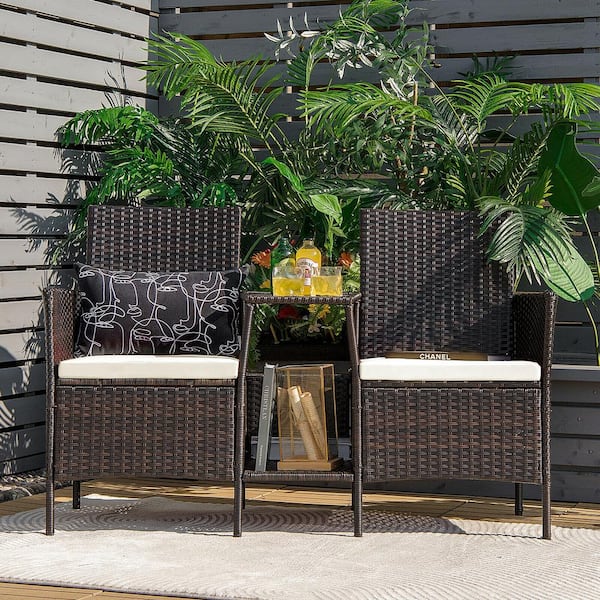 SUNRINX Brown Wicker Patio Conversation Set with Loveseat and White Cushion