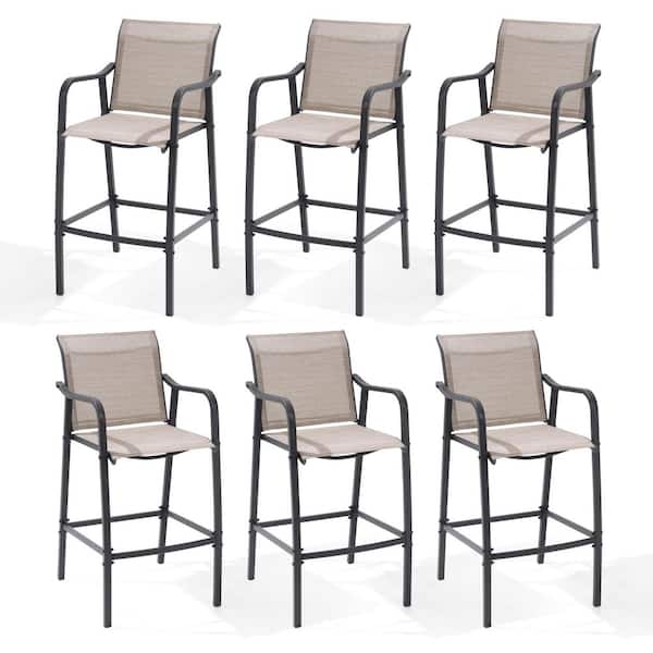 Patio Bar Height Metal Outdoor Bar Stool Chairs in Espresso with Arms and Footrest (6-Pack)