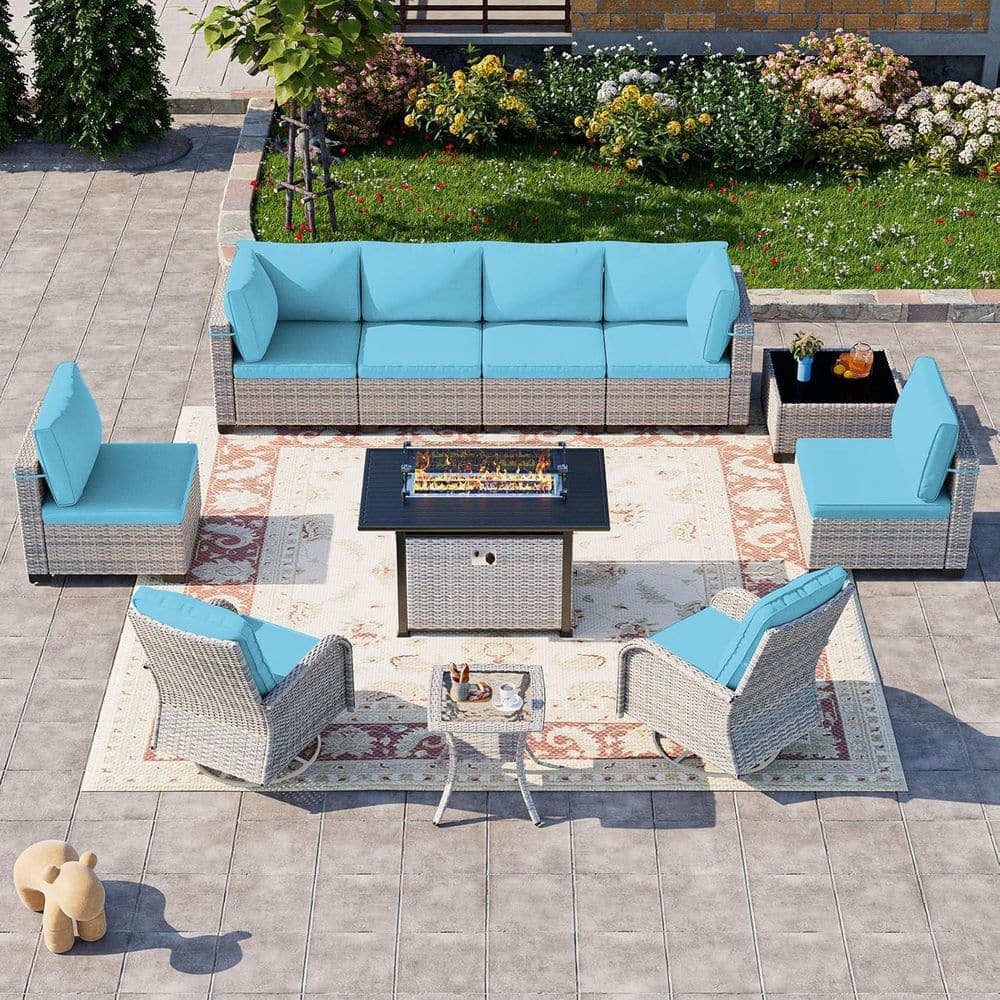 11-Piece Wicker Patio Conversation Set with Fire Pit Table and Top Table. Swivel Rocking Chairs with Turquoise Cushions price history on PriceWatchPro