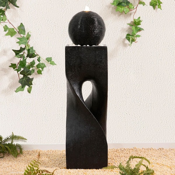 40.5 in. H Oversized Black Geometric Pedestal and Sphere Polyresin Outdoor Waterfall Fountain with Pump and LED Light