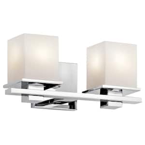 Tully 15 in. 2-Light Chrome Contemporary Bathroom Vanity Light with Etched Glass Shade