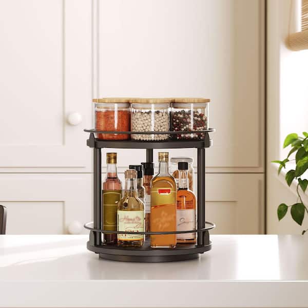 2 Tier Black Lazy Susan Organizer, Rotating Spice Rack, Turntable Kitchen Accessories Holder for Countertop, Cabinet