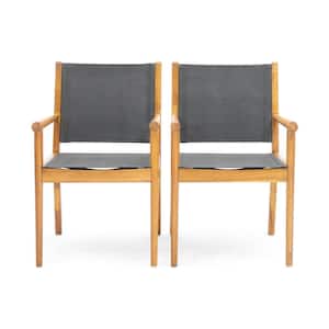 Textilene and Acacia Outdoor Patio Dining Chair, Set of 2, Dark Grey Plus Teak Finish