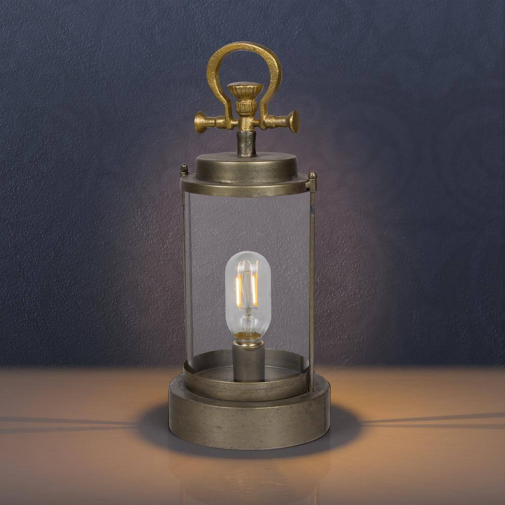 Vintage Gold Metal and Glass Lantern with LED Light