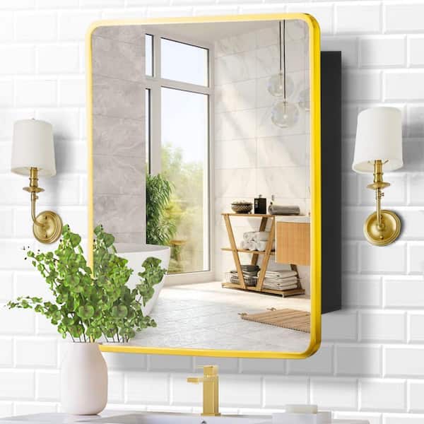 Unbranded 20 in. W x 28 in. H Rectangular Gold Metal Bathroom Medicine Cabinet with Mirror, Vanity Mirrors Recess or Surface Mount