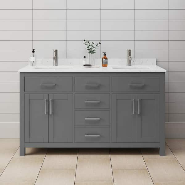 Beckett 60 in. W x 22 in. D Double Bath Vanity in Dark Gray with Cultured Marble Vanity Top in Carrara with White Basins