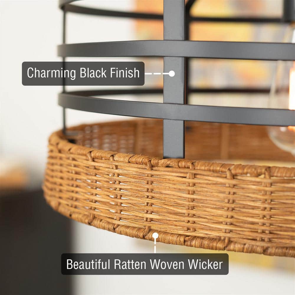 Thatcher Black Metal and Wicker Cage Pendant Light