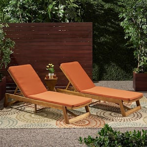 Maki Teak Brown 2-Piece Wood Outdoor Patio Chaise Lounge with Rust Orange Cushions