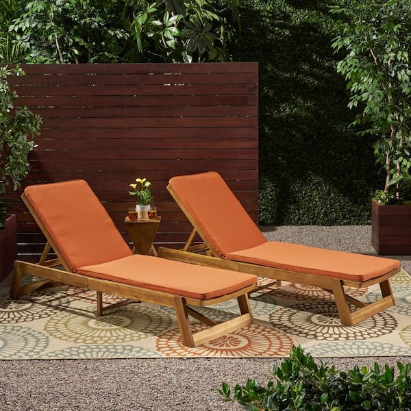 Noble House Maki Teak Brown 2-Piece Wood Outdoor Patio Chaise Lounge with Rust Orange Cushions