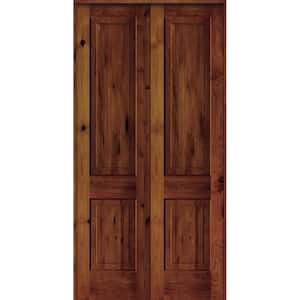 48 in. x 96 in. Rustic Knotty Alder 2-Panel Universal/Reversible Red Chestnut Stain Wood Double Prehung Interior Door