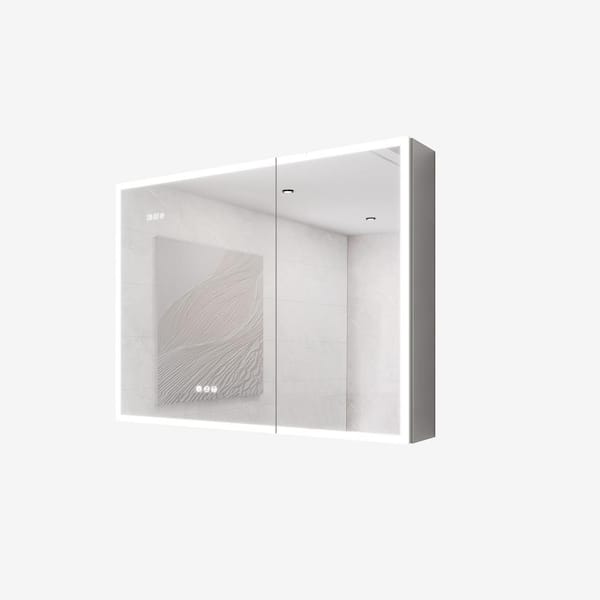 Unbranded 36 in. W x 24 in. H Silver LED Medicine Cabinet with Mirror, Double Door Lighted Medicine Cabinet with Defogger