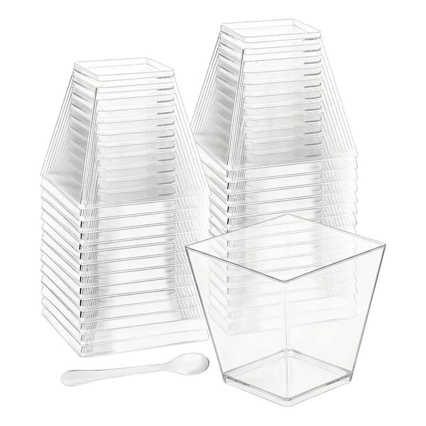 2 oz. Square Plastic Dessert Cups Clear Mini Parfait Shot Glasses Hard Plastic with Spoons 100-Pack for Parties