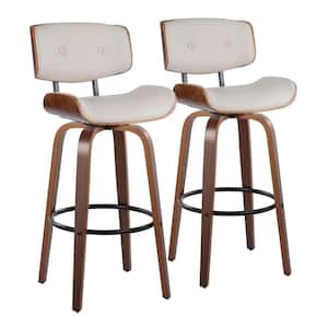 Lombardi 30.5 in. Cream Faux Leather, Walnut Wood and Black Metal Fixed-Height Bar Stool Round Footrest (Set of 2)