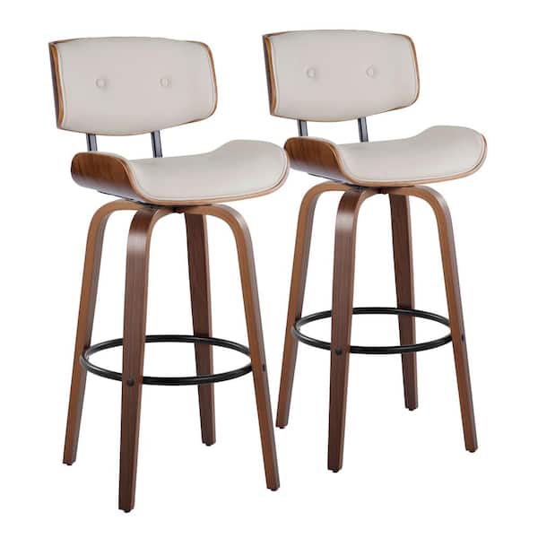Lumisource Lombardi 30.5 in. Cream Faux Leather, Walnut Wood and Black Metal Fixed-Height Bar Stool Round Footrest (Set of 2)