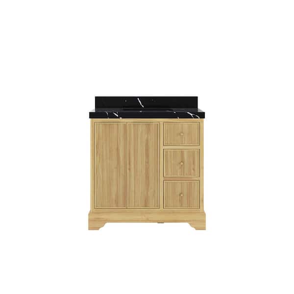 Willow Collections Austin Teak 36 in. W x 22 in. D x 36 in. H Single Sink Bath Vanity Center in Whitewashed with 2" Calacatta Black Top