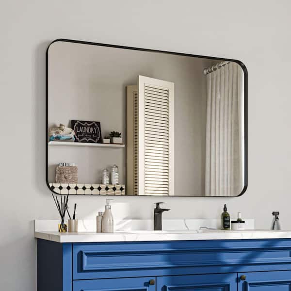 48 in. W x 32 in. H Rectangular Aluminum Framed Wall Bathroom Vanity Mirror in Black