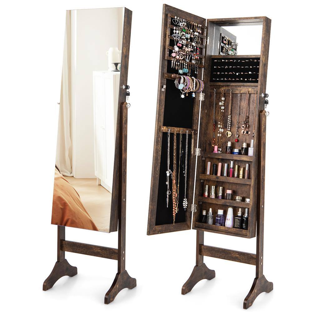 Costway 15.5 in. x 14 in. x 61 in. Brown Wood Standing Jewelry Cabinet ...