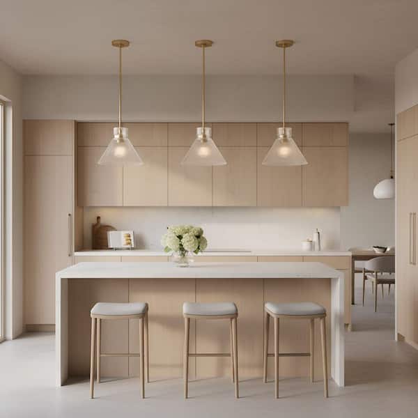 Liouet 12 in. W x 9 in. H 1-Light Satin Brass Transitional Pendant Light with Clear Ribbed Glass Shade