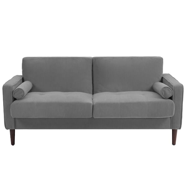 Uixe 63.3 in. Straight Arm Corduroy Fabric Upholstered Rectangle 2-Seater Sofa in. Light Gray with Wood Legs