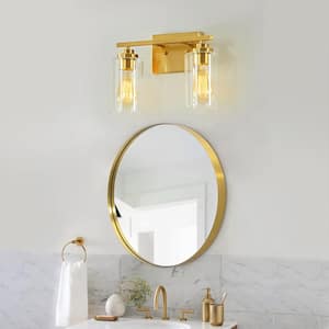13 in. 2-Light Antique Brass Vanity Light with Clear Glass Shade