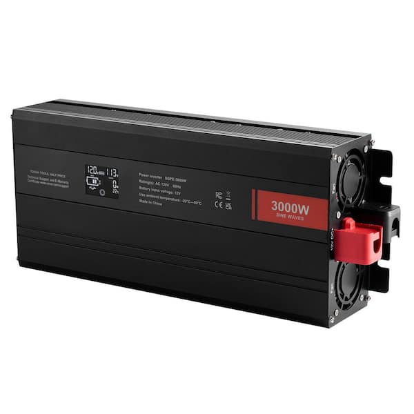 Pure Sine Wave Inverter 3000-Watt DC 12-Volt to AC 120-Volt Power with 2 AC Outlets 2 USB Port 1 Type-C Port LCD Display
