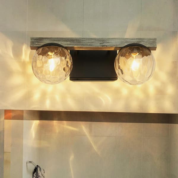 15 in. 2-Light Matte Black Farmhouse Vanity Light with Faux Wood Metal Accent