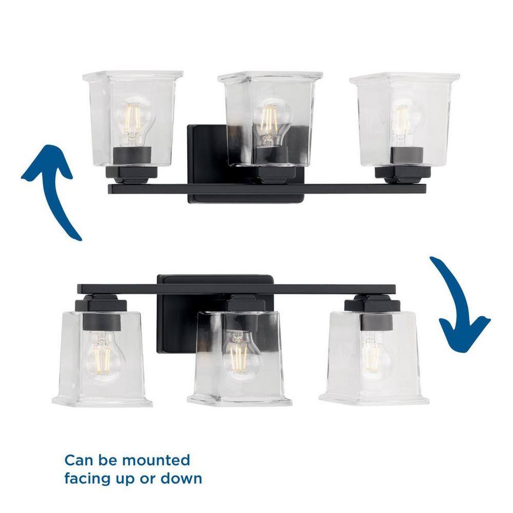 Gilmour Matte Black 3-Light Vanity with Clear Glass Shades