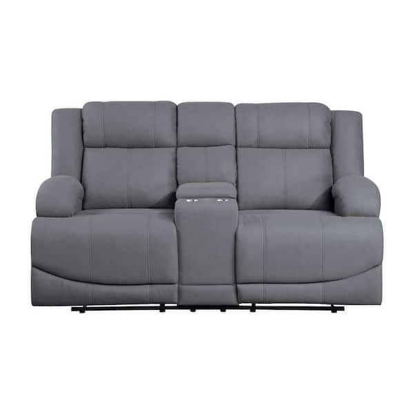 EVERGLADE HOME Darcel 70.5 in. W Flared Arm Microfiber Straight Double Reclining Loveseat with Center Console in Graphite Blue