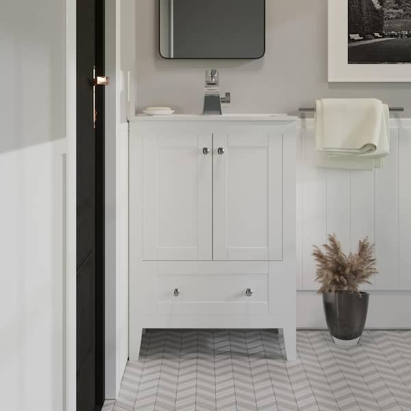 Swiss Madison Cannes 24 in. Single, 2 Doors, 1 Drawer, Bathroom Vanity in White with White Countertop with White Basin