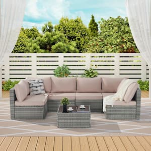 7-Piece Rattan Wicker Outdoor Sectional Set with Tempered Glass Coffee Table Set and Pink Cushions