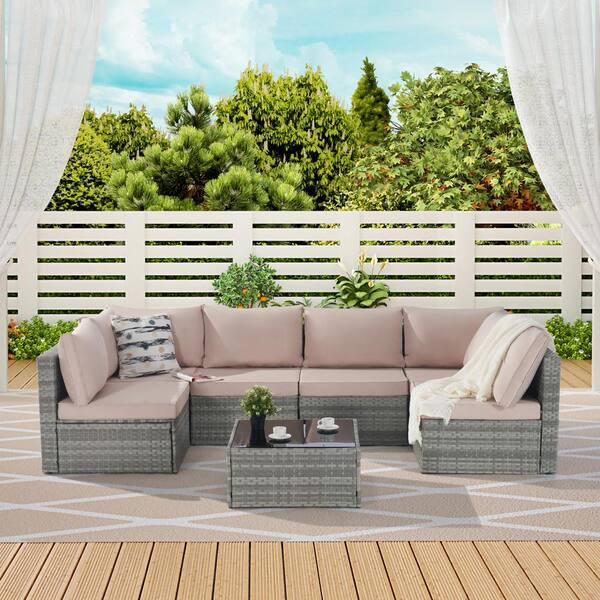 Unbranded 7-Piece Rattan Wicker Outdoor Sectional Set with Tempered Glass Coffee Table Set and Pink Cushions