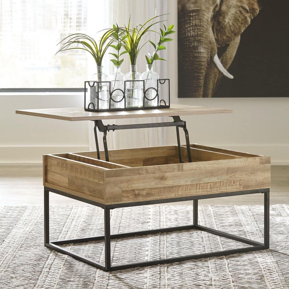 Urban Loft 36'' Beige & Black Rectangular Lift-Top Coffee Table with Storage