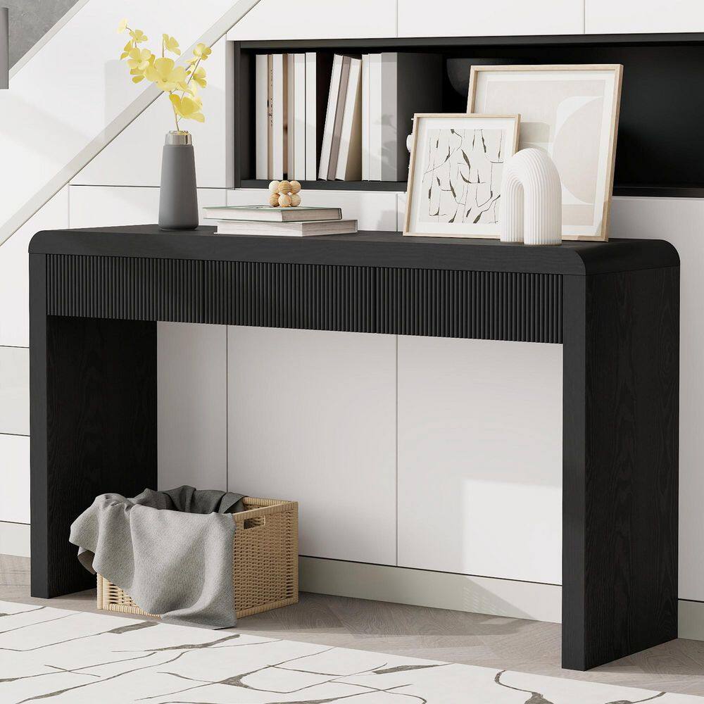 JUJABU 52.9 in. Black Rectangle Wood Console Table with 3 Fluted ...