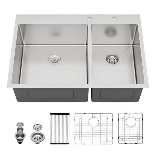 33 in. Drop-in Double Bowl (60/40) 16 Gauge Brushed Nickel Stainless Steel Kitchen Sink with Drain