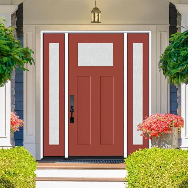 Legacy 68 in. x 80 in. 1/4 Toplite Rain Glass RHIS Primed MoroccoRed Finish Fiberglass Prehung Front Door w/Dbl 14 in.SL